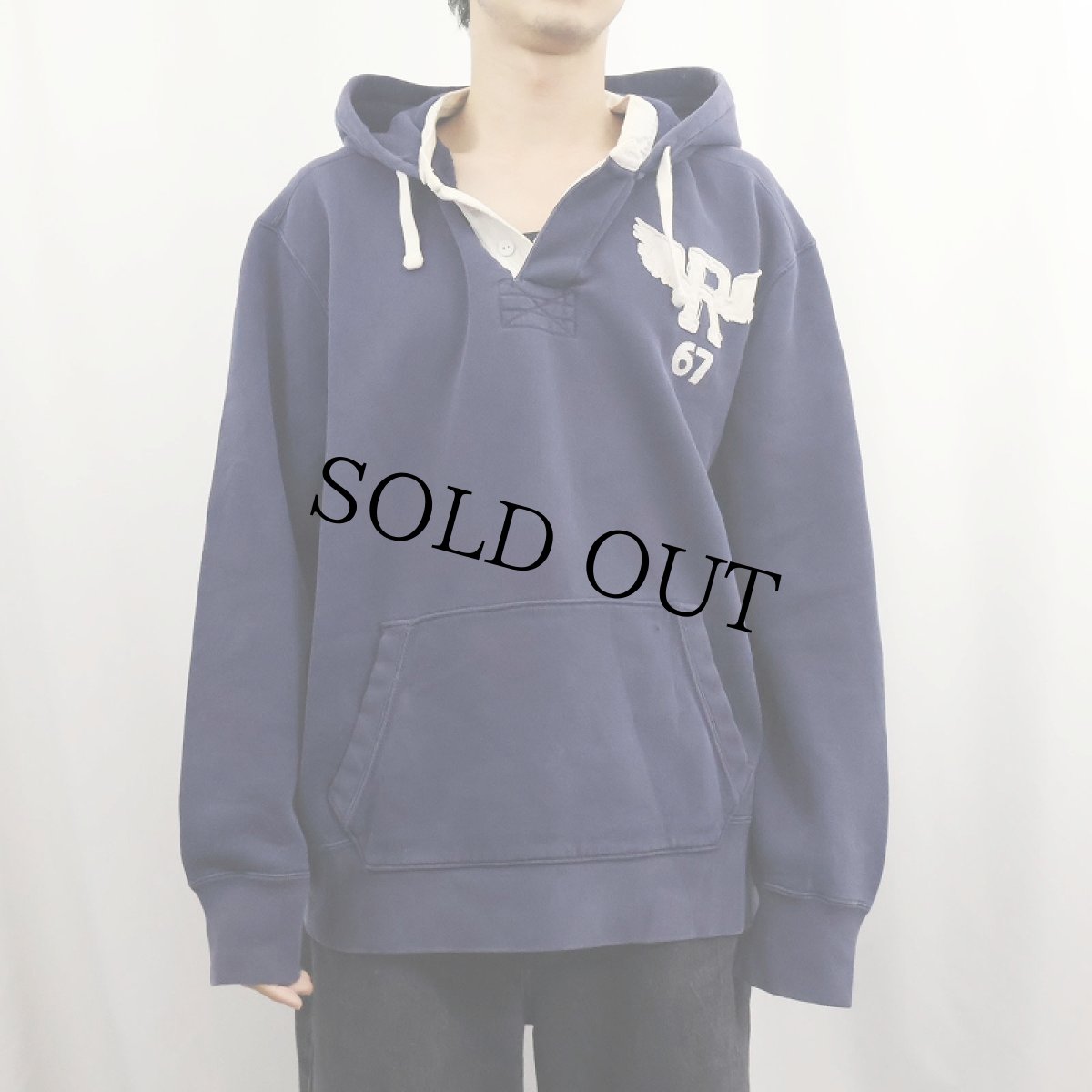 画像2: POLO Ralph Lauren Rウイングパッチ付き ヘンリーネック 後付けスウェットフーディ NAVY XXL (2)