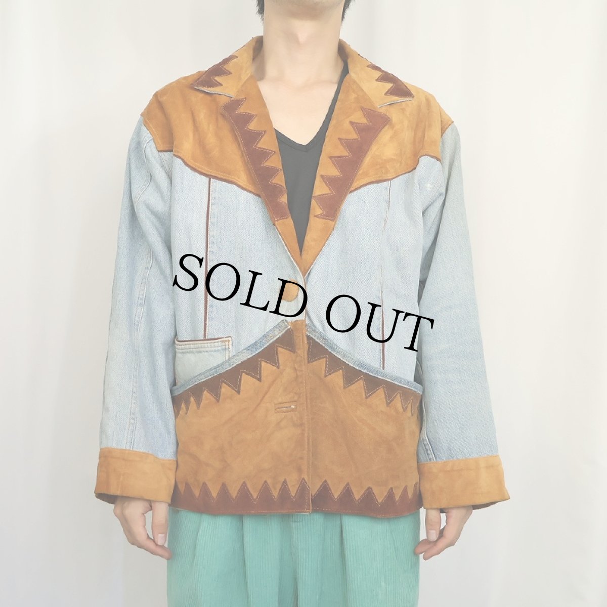 画像2: 80's〜 AKKA BAZZAR スエードレザー切り替え デニムジャケット SIZE46 (2)