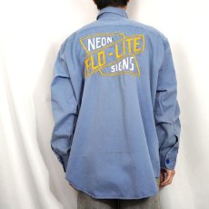 画像4: 50's LANKFORDS "NEON FLO-LITE SIGNS" チェーン刺繍 コットンギャバジン ワークシャツ SIZE17 LONG (4)