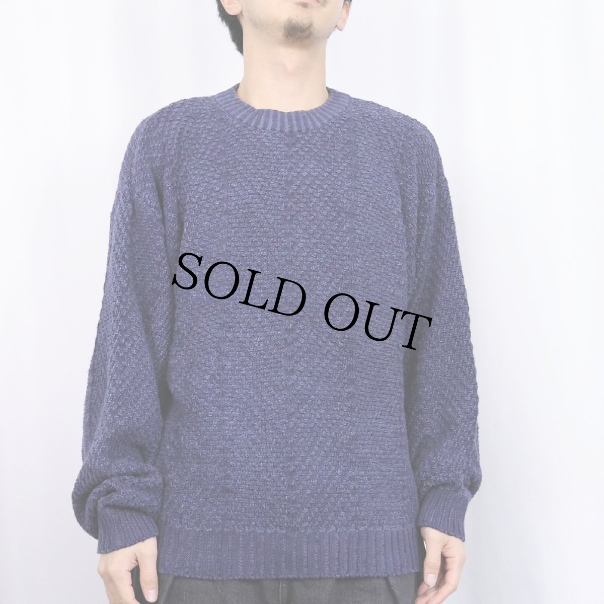 画像2: 80〜90's Eddie Bauer ヘリンボーン織り コットンニットセーター NAVY S (2)