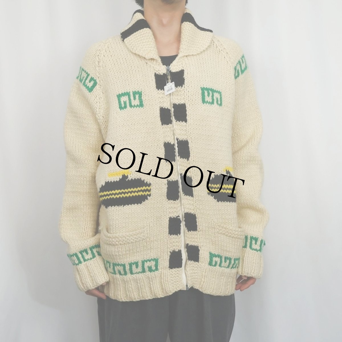 画像3: 60〜70's カーリング柄 ショールカラー ウールカウチンニットジャケット (3)