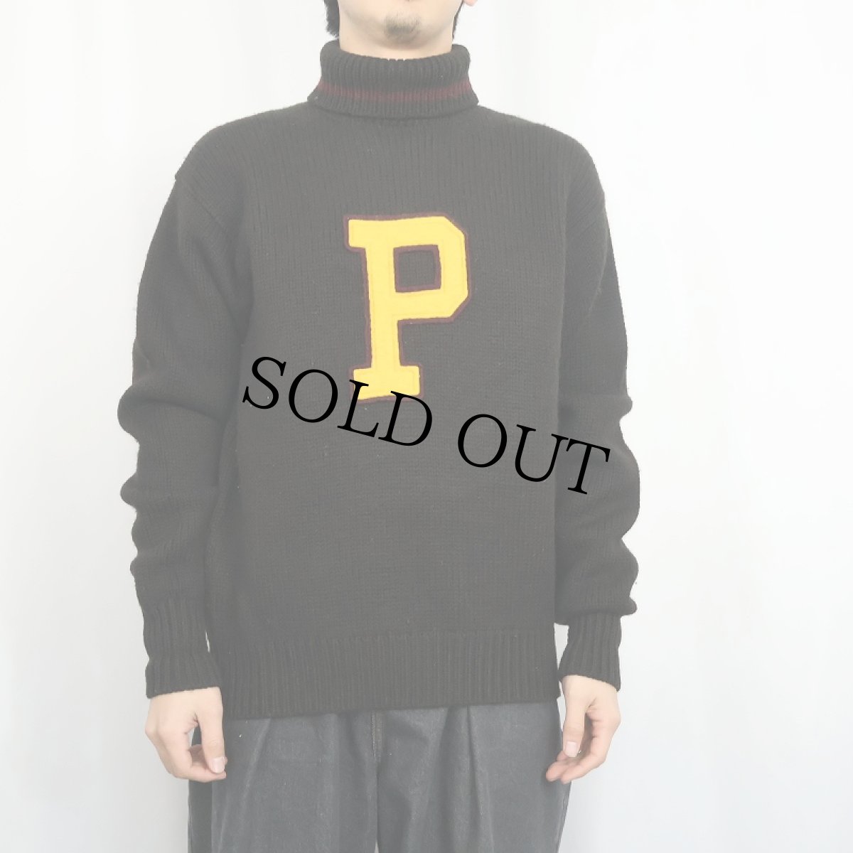 画像2: 90's〜 POLO Ralph Lauren タートルネック ウールレタードニットセーター BLACK M (2)