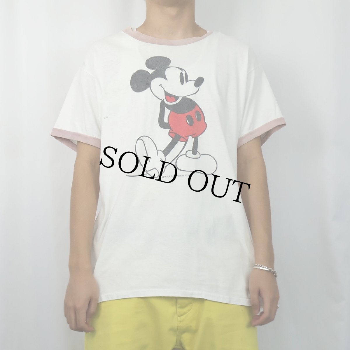 画像2: 70〜80's Walt Disney MICKEY MOUSE USA製 白靴ミッキー キャラクタープリント リンガーTシャツ XL (2)