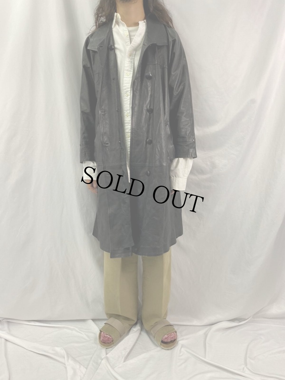 画像2: ダブルブレスト レザーロングコート (2)