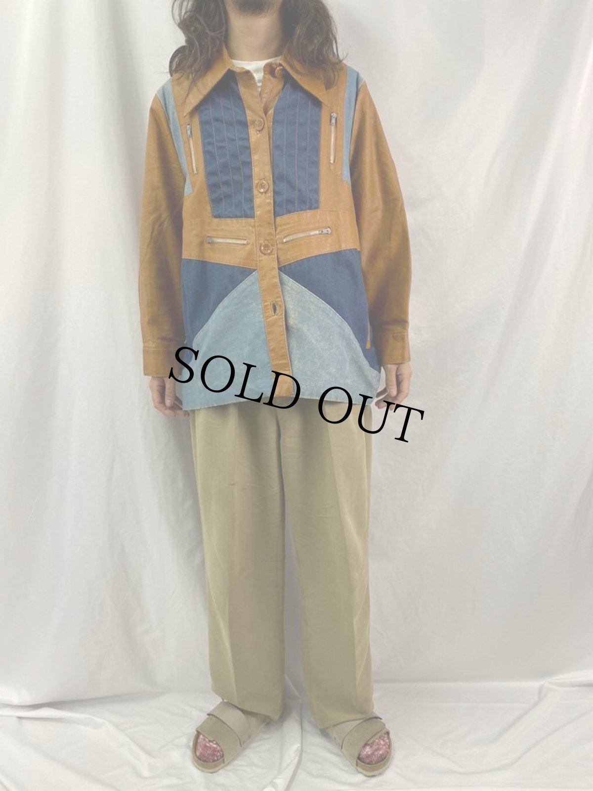 画像2: 70's デニム切り替え レザージャケット 44 (2)