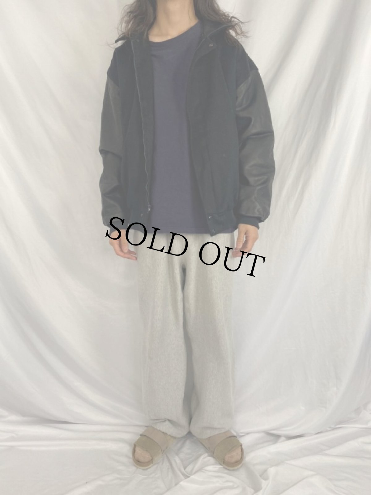 画像2: 90's Defending the Caveman ウール×レザー コメディ劇刺繍スタジャン XL (2)