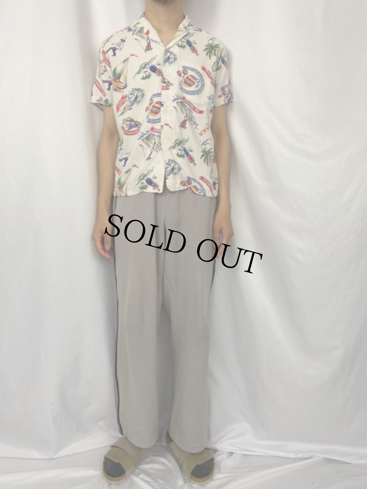 画像2: 60's Gilt Edge Sportswear "JAMAICA" オールオーバーパターン コットンレーヨンアロハシャツ M (2)
