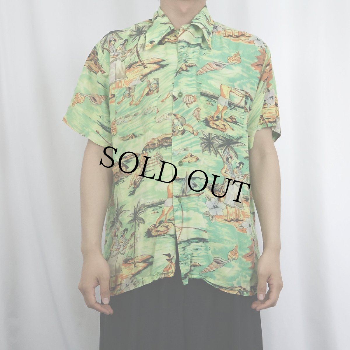画像2: 70's HAWAIIAN HOLIDAY オールオーバーパターン レーヨンアロハシャツ L (2)
