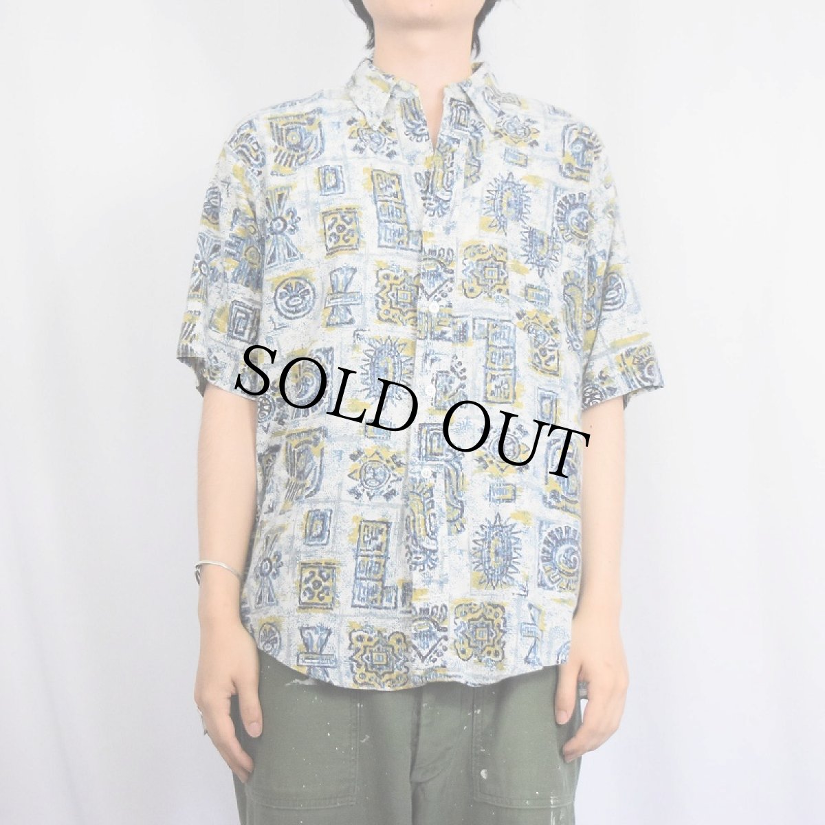 画像2: 60〜70's VAN HEUSEN 417 総柄 コットンボタンダウンシャツ L (2)
