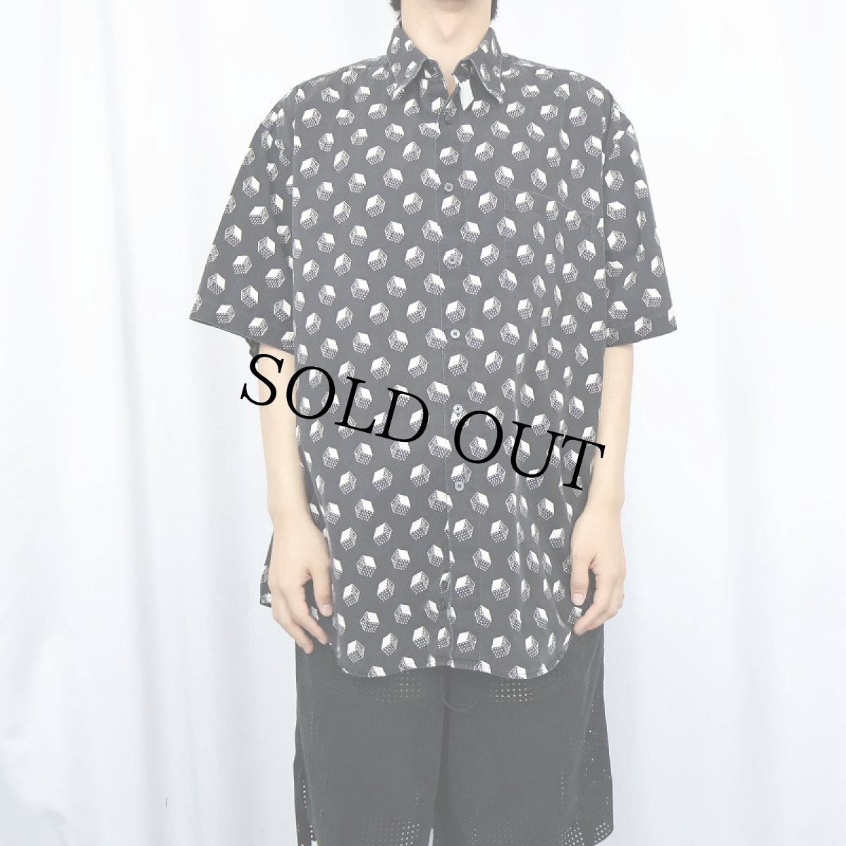 画像2: PERRY ELLIS キューブ柄 コットンシャツ BLACK XL (2)