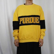 画像2: 90's JANSPORT USA製 "PURDUE" 切り替えデザイン フロッキープリントスウェット L (2)