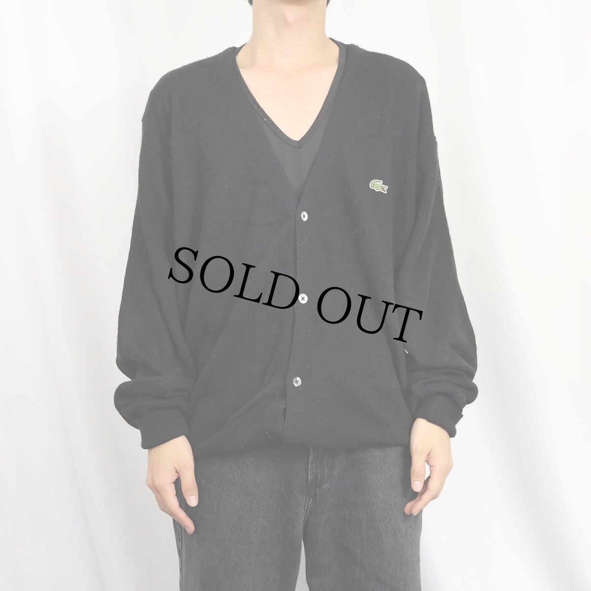 画像2: 80's IZOD LACOSTE USA製 ロゴ刺繍 アクリルニットカーディガン BLACK XL (2)