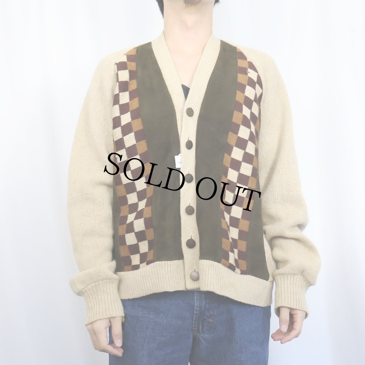 画像2: 〜70's Pelle di Moda by FORMAN "2PLY WOOL" スエード切り替え ウールニットカーディガン L (2)