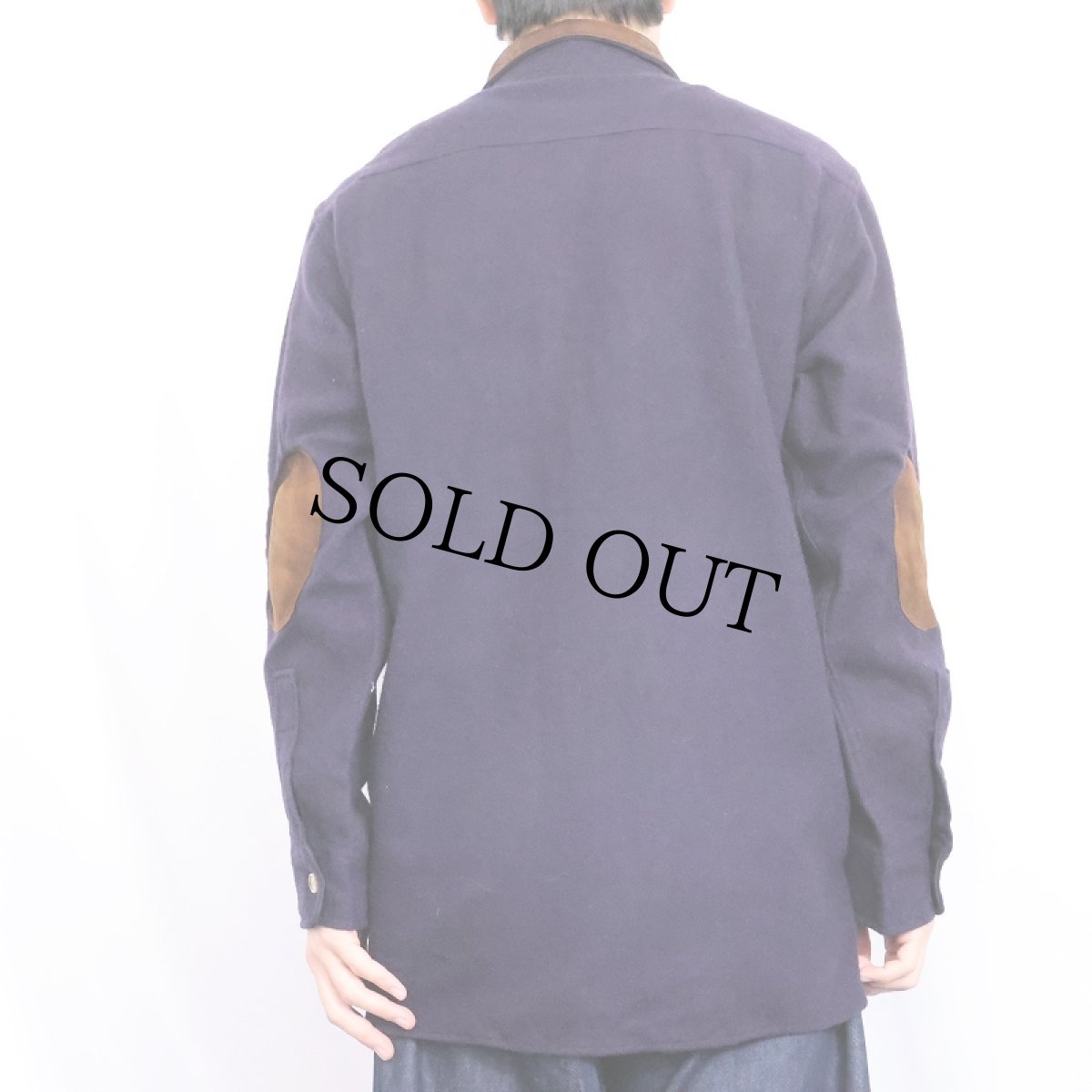 画像3: 【SALE】 80's Woolrich USA製 エルボーパッチ付き レザー切り替え ウールシャツ NAVY S (3)