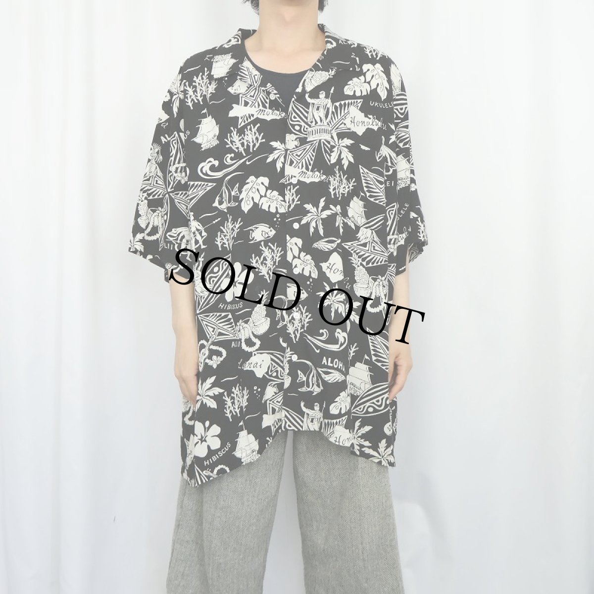 画像2: POLO Ralph Lauren "CLASSIC FIT" 総柄 レーヨンアロハシャツ BLACK 3XB (2)