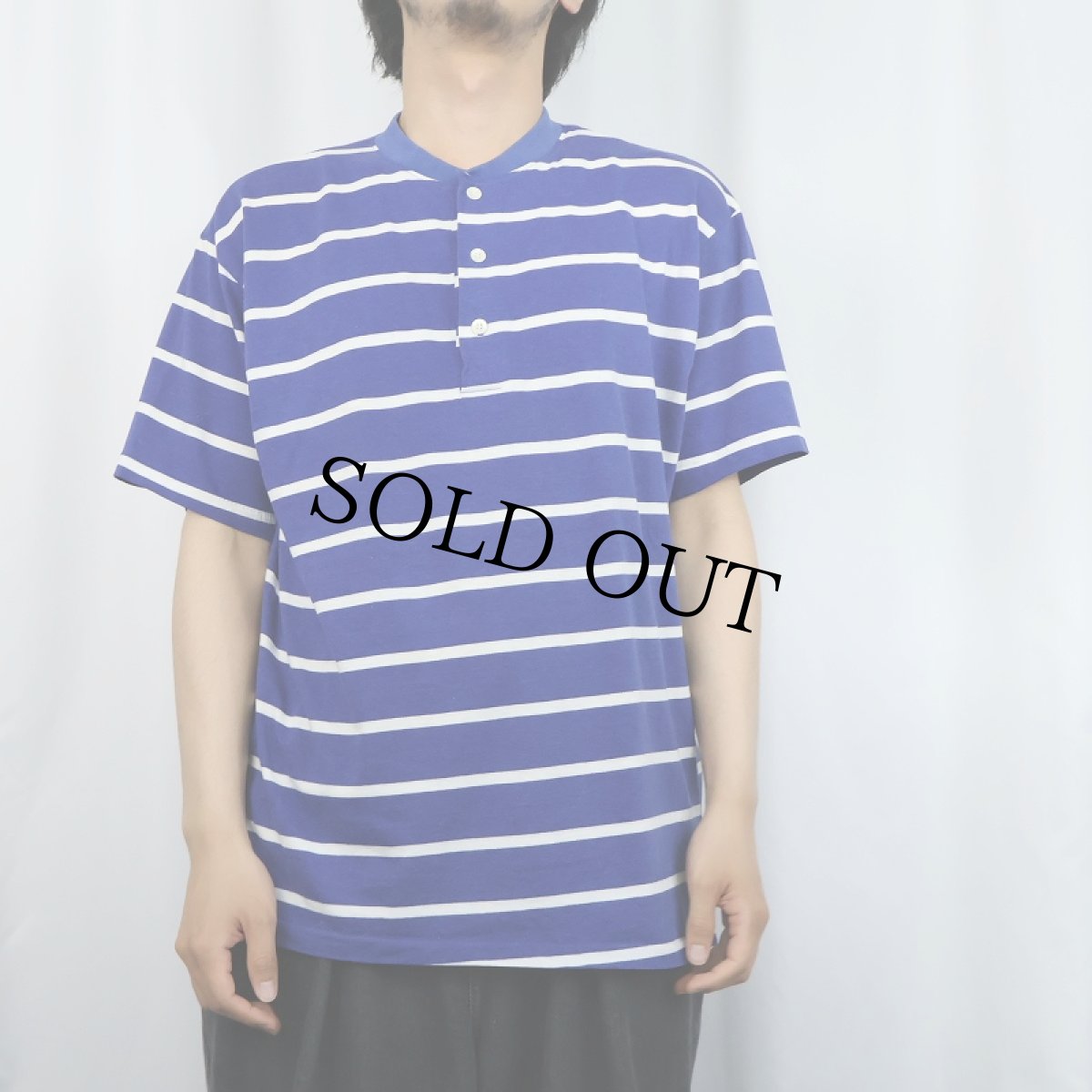 画像2: 80〜90's BONKERS USA製 ボーダー柄 ヘンリーネックTシャツ L (2)