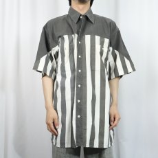 画像3: ストライプ柄 切り替えデザイン コットンシャツ L (3)