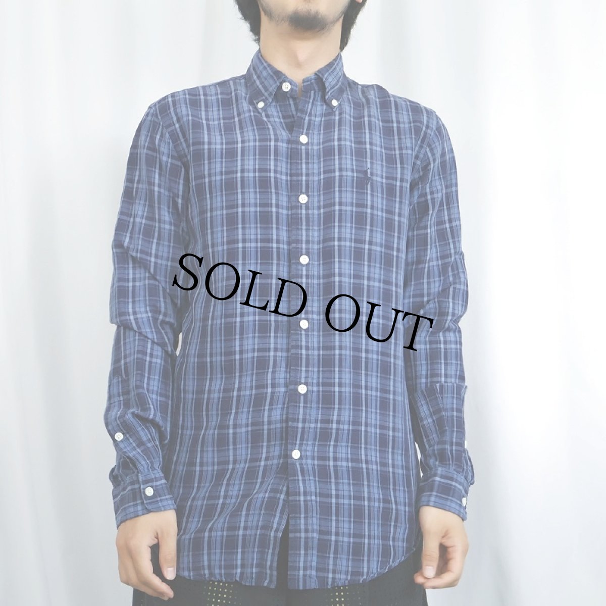 画像2: Ralph Lauren "CUSTOM FIT" チェック柄 シルクリネン ボタンダウンシャツ NAVY S (2)