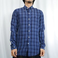画像2: Ralph Lauren "CUSTOM FIT" チェック柄 シルクリネン ボタンダウンシャツ NAVY S (2)