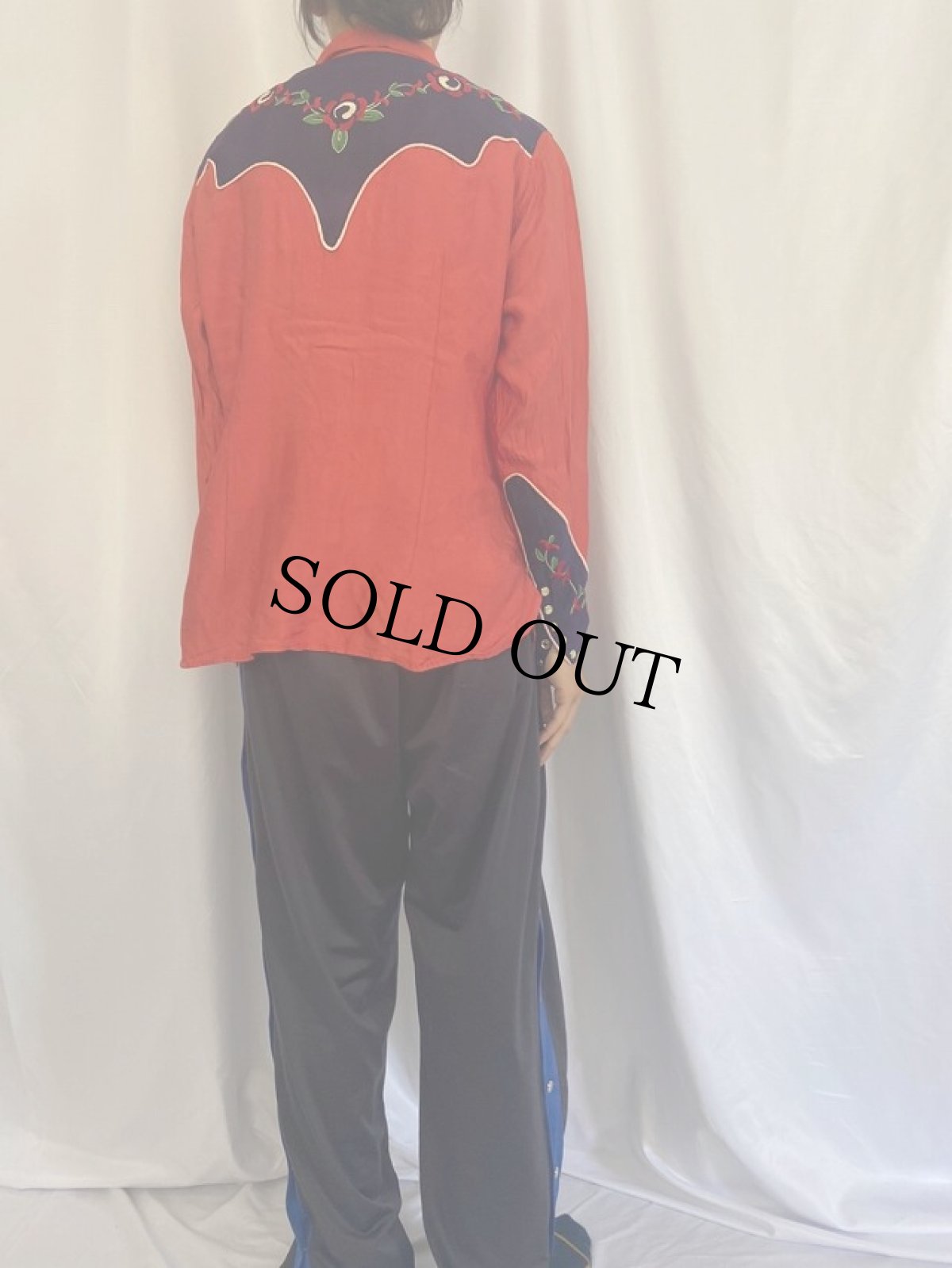 画像4: 50's 花柄刺繍 ツートーン レーヨンウエスタンシャツ (4)