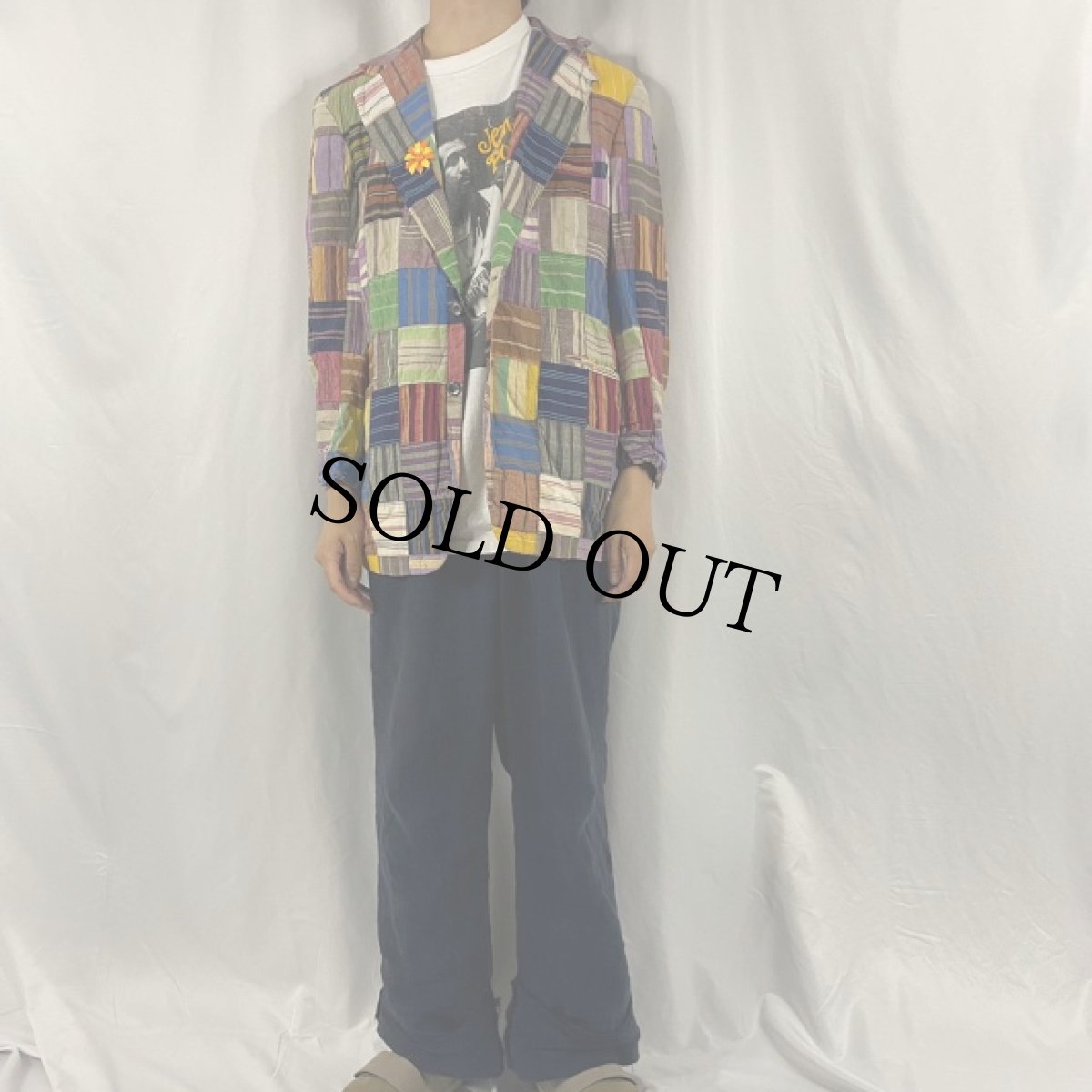 画像2: 80's フラワーピン付き クレイジーパターン インディアンマドラス リネンテーラードジャケット (2)