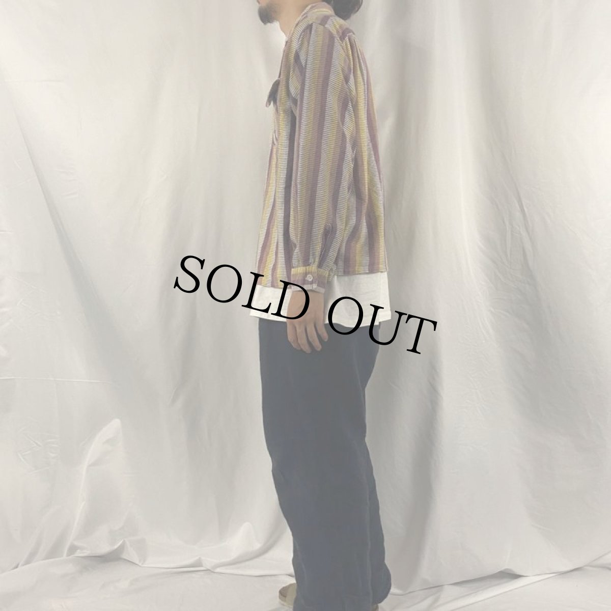 画像3: 50's Fleetline ボーダー×マルチストライプ柄 オープンカラープリントネルシャツ L (3)