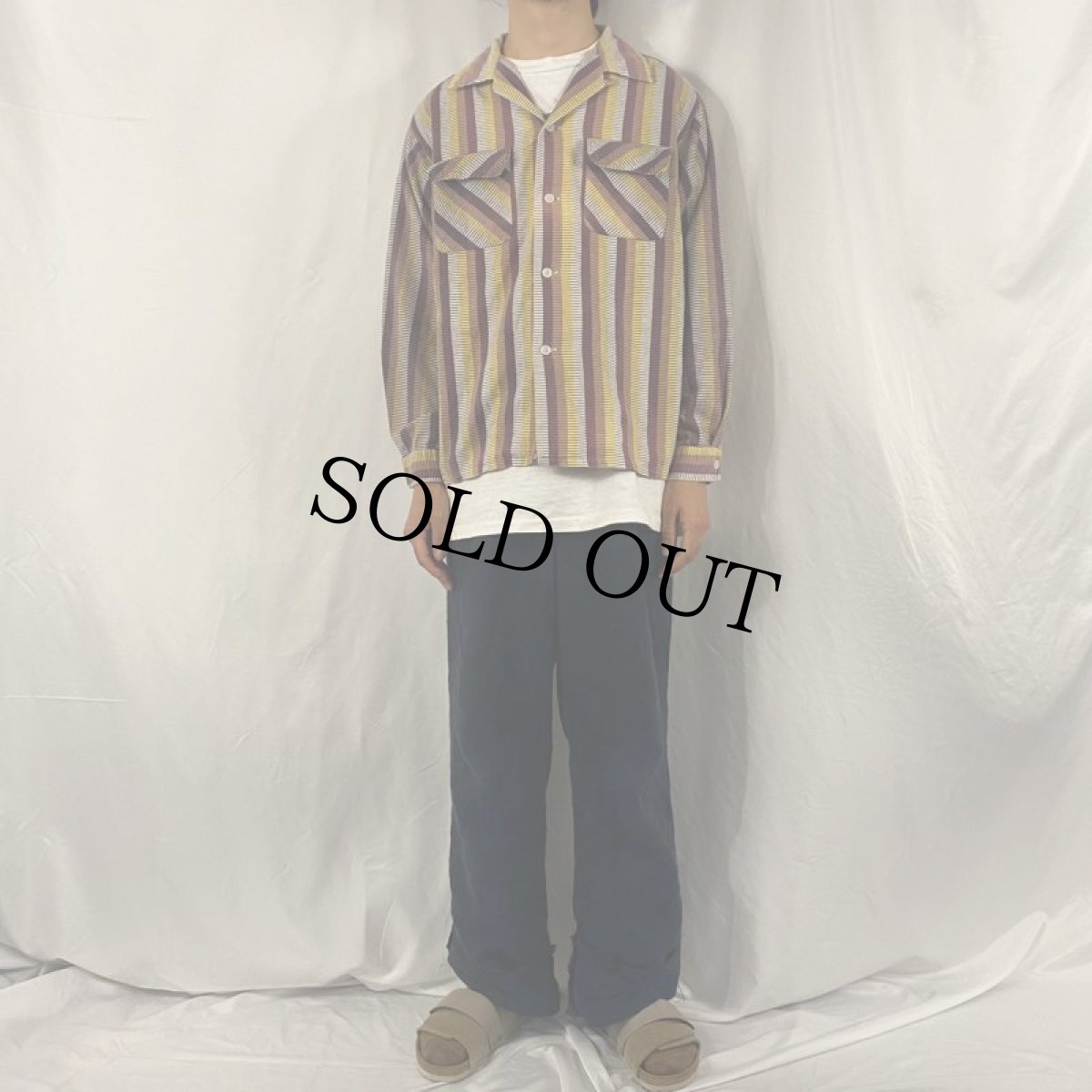 画像2: 50's Fleetline ボーダー×マルチストライプ柄 オープンカラープリントネルシャツ L (2)