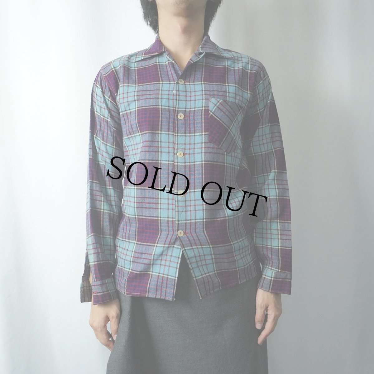 画像2: 50's Hollywood Junior "Viyella" チェック柄 ウール×コットン オープンカラーシャツ SIZE16 (2)