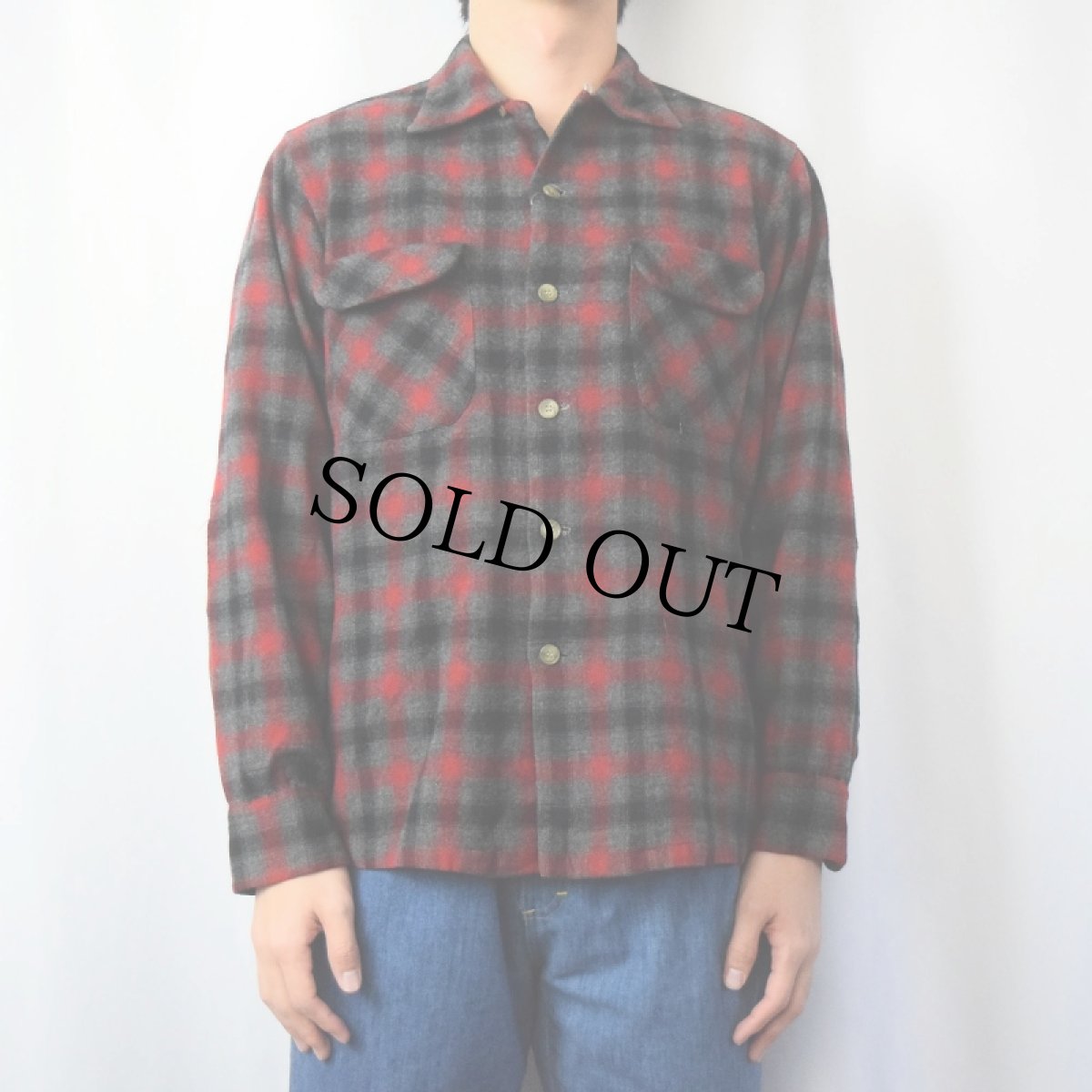 画像2: 50's PENDLETON オンブレーチェック柄 エルボーパッチ付き オープンカラーウールシャツ L (2)
