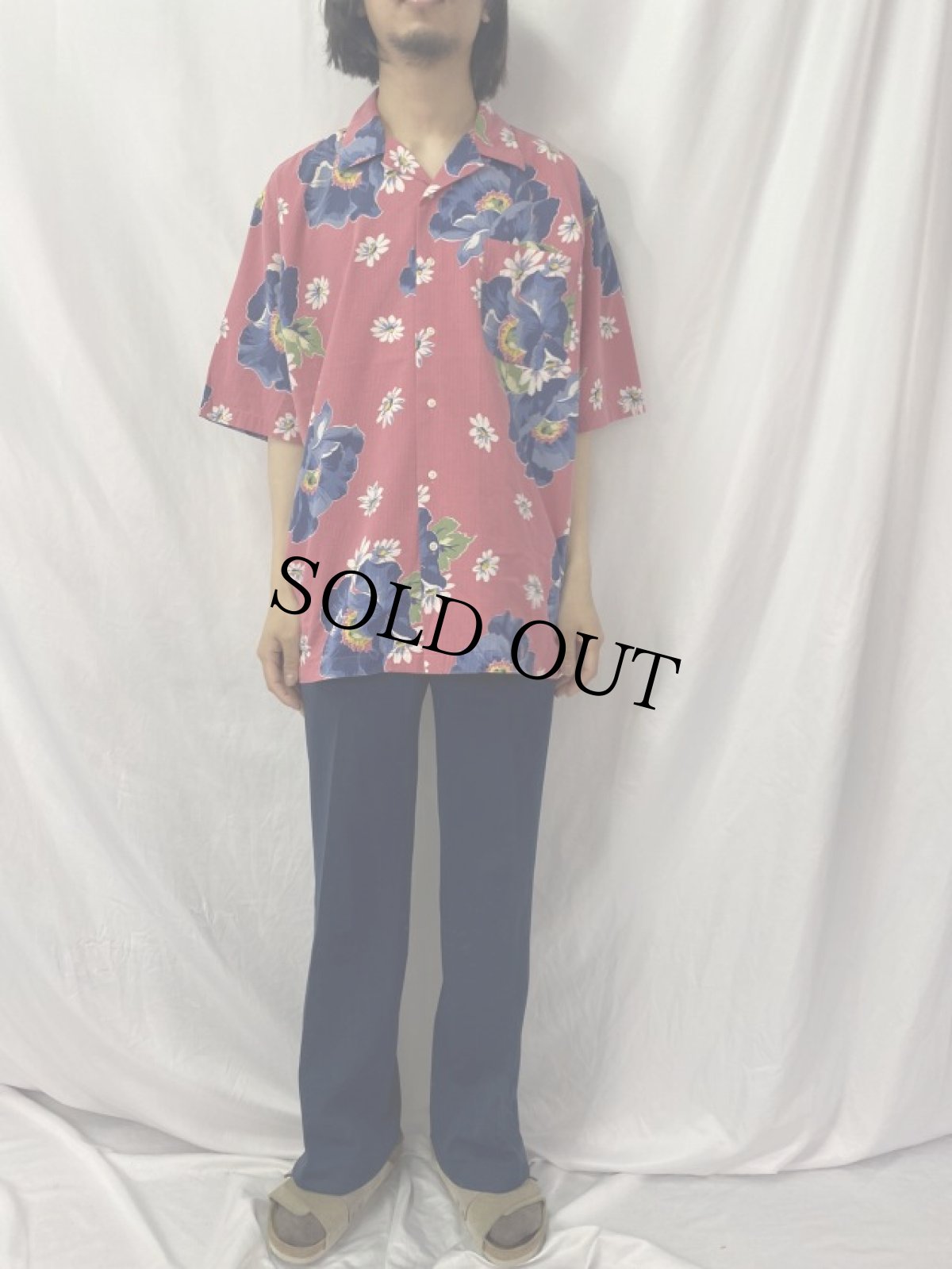 画像2: 90's〜 POLO Ralph Lauren "BERKLEY" ハイビスカス柄 シアサッカーアロハシャツ L (2)