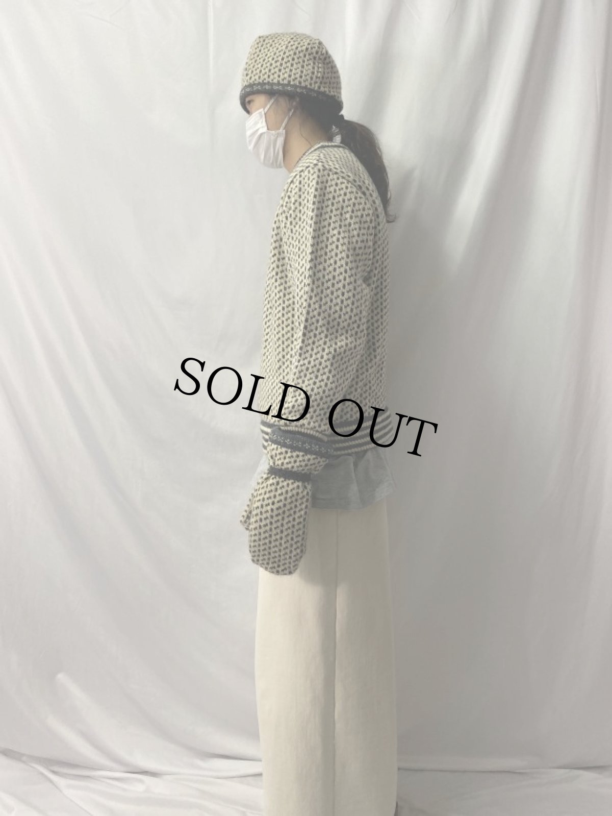 画像4: 70〜80's L.L.Bean NORWAY製 バーズアイ ウールニットセーター/ニットキャップ/手袋 3点SET M (4)