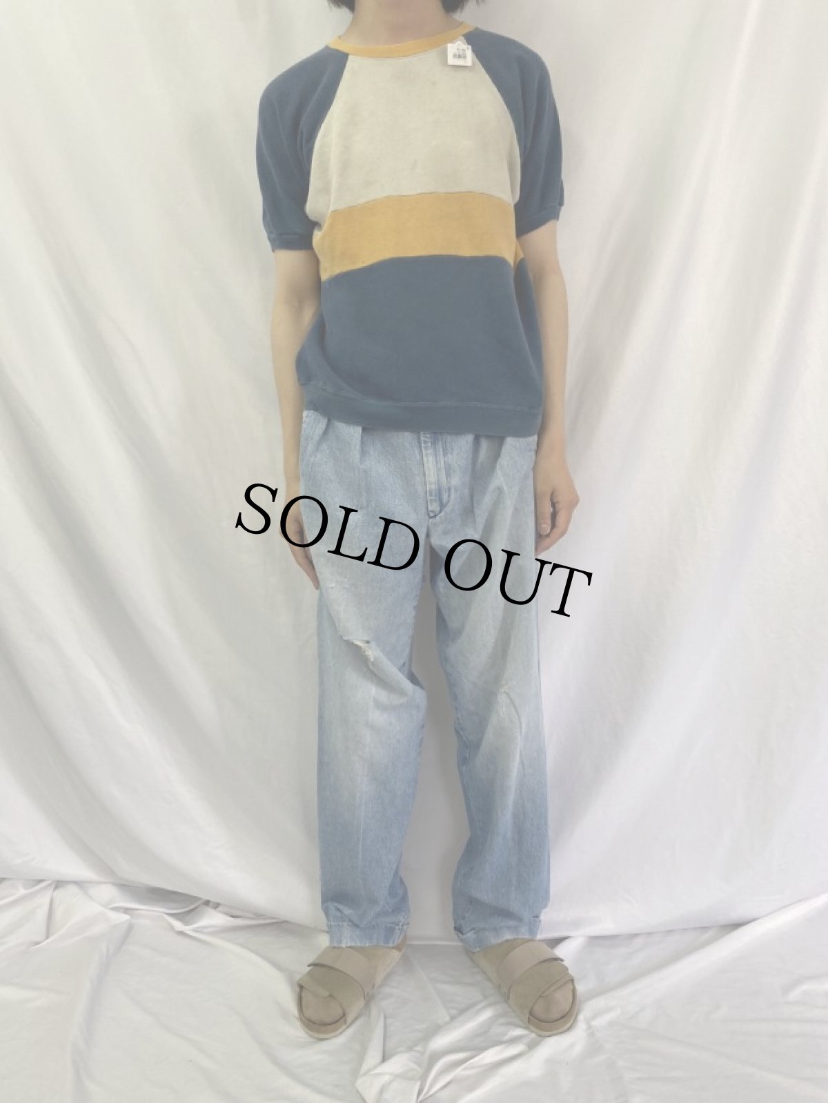 画像2: 70's ボーダー切り替え 半袖ラグランスウェット (2)