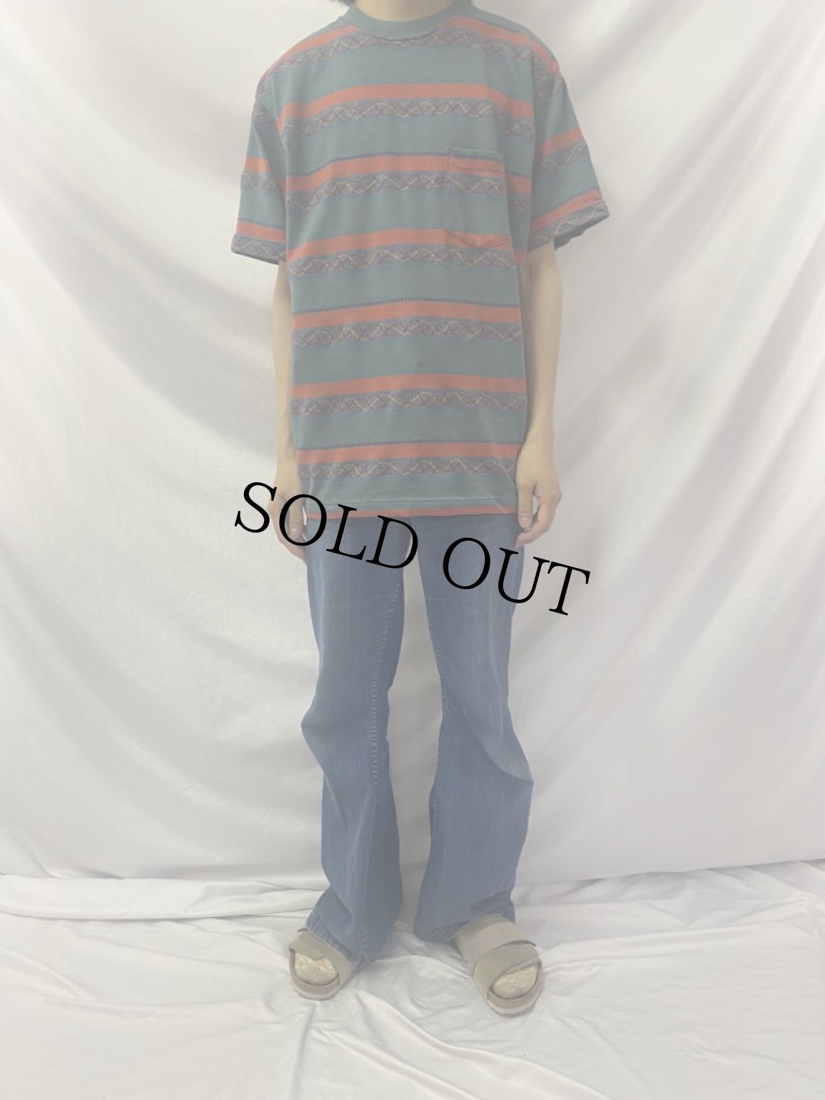 画像2: 80's Stussy USA製 ジャガードボーダー柄 Tシャツ L (2)