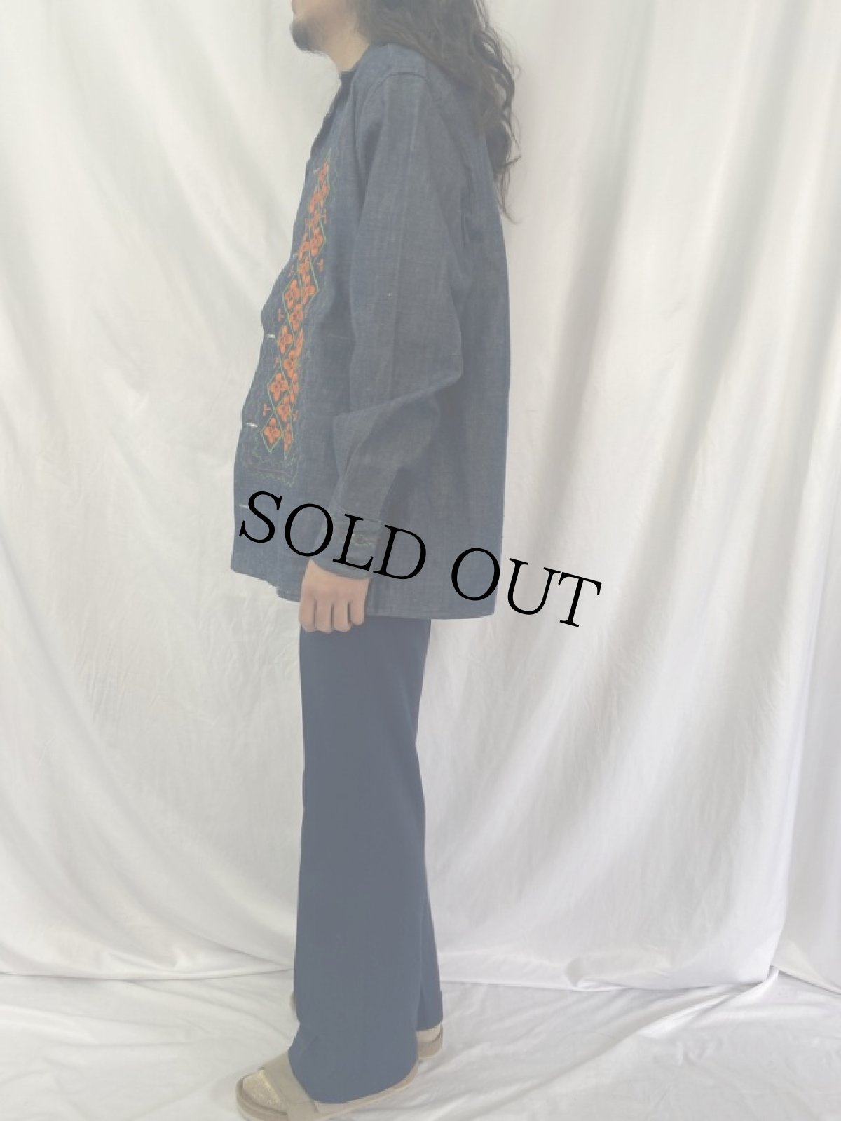 画像3: 70's 花柄刺繍 デニムオープンカラーシャツ SIZE42 (3)