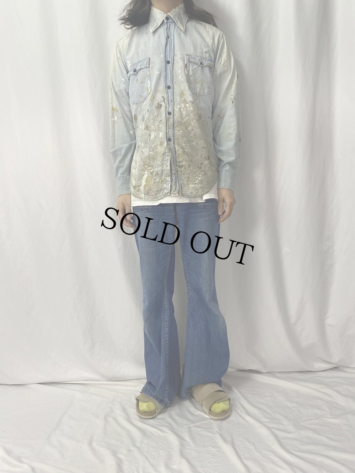 画像2: 70's Levi's ペンキペイント シャンブレーシャツ L (2)