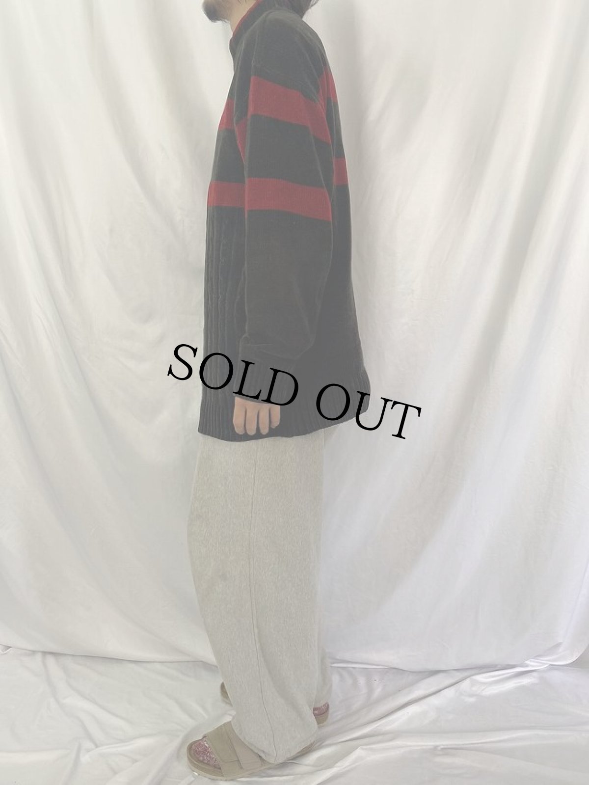 画像3: ブートGUCCI ボーダー柄 ロゴ刺繍 モックネックベロアカットソー XL (3)