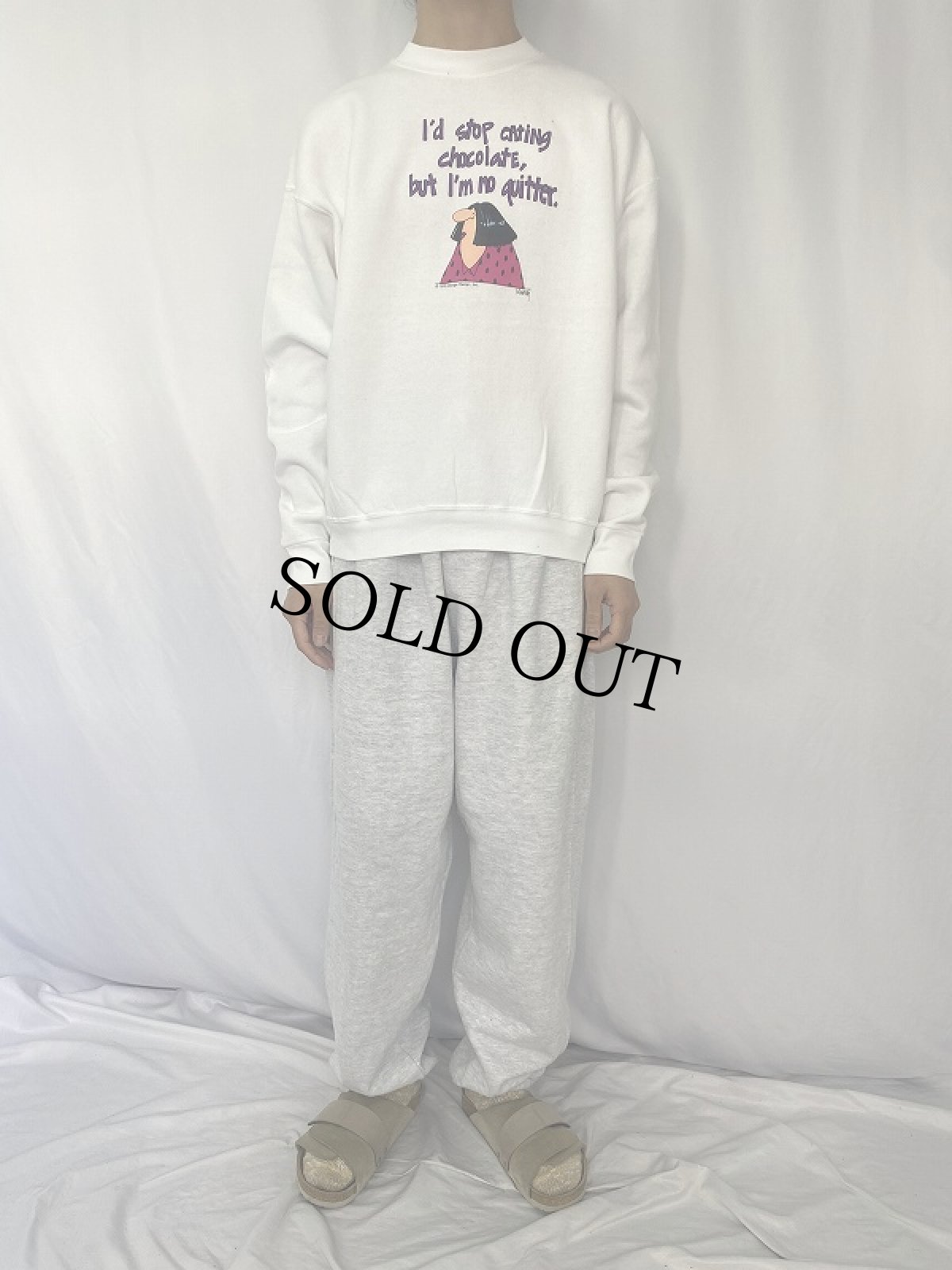 画像2: 90's USA製 "I'd Stop Eating Chocolate but I'm No Quitter." イラストプリントスウェット XL (2)