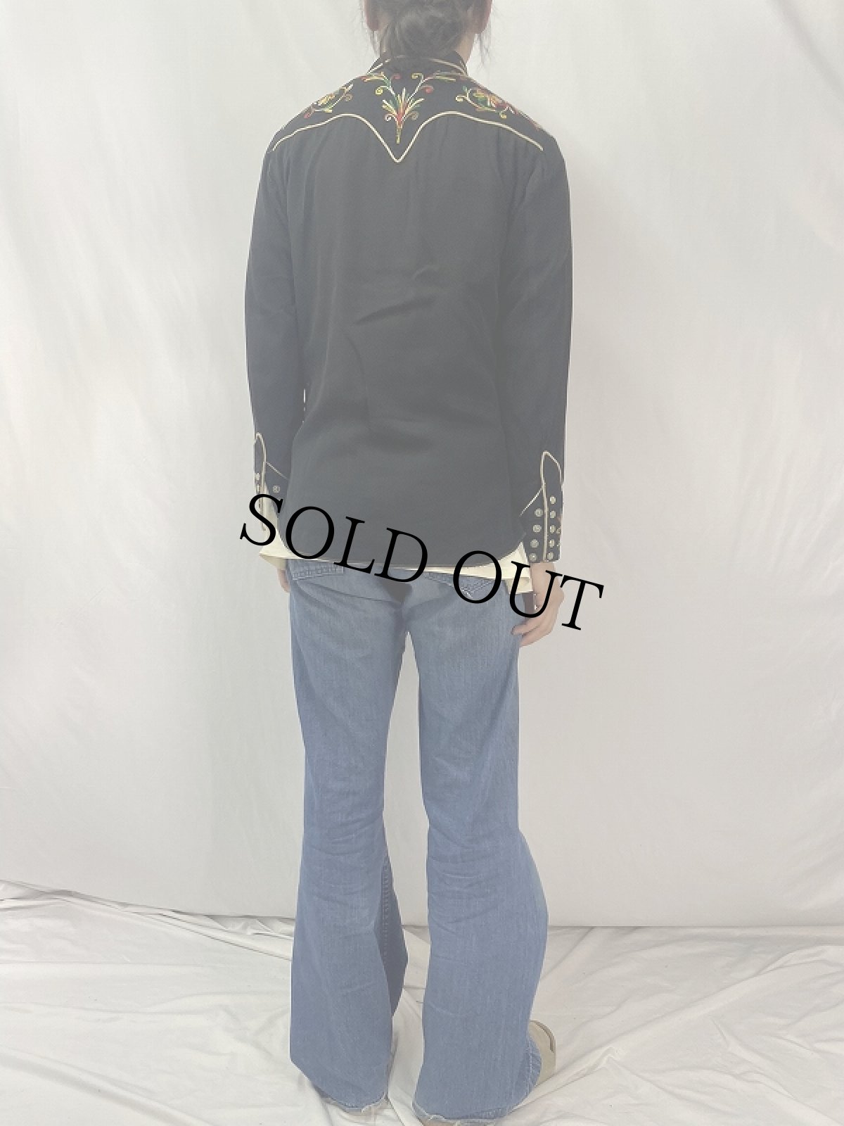 画像4: 60's H BAR C マルチカラー刺繍 レーヨンギャバ ウエスタンシャツ SIZE14 1/2 (4)