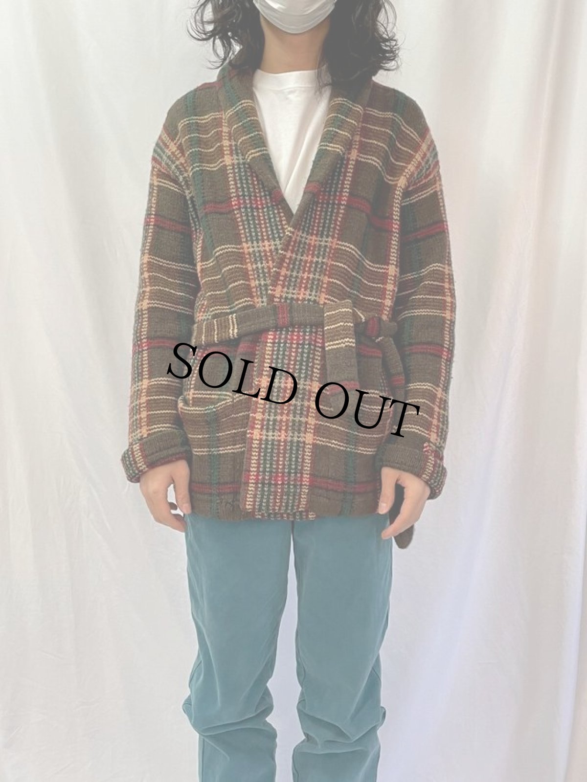 画像2: 90's Exclusive Hand Knit For "Laueren" チェック柄 ウールニットガウン S (2)