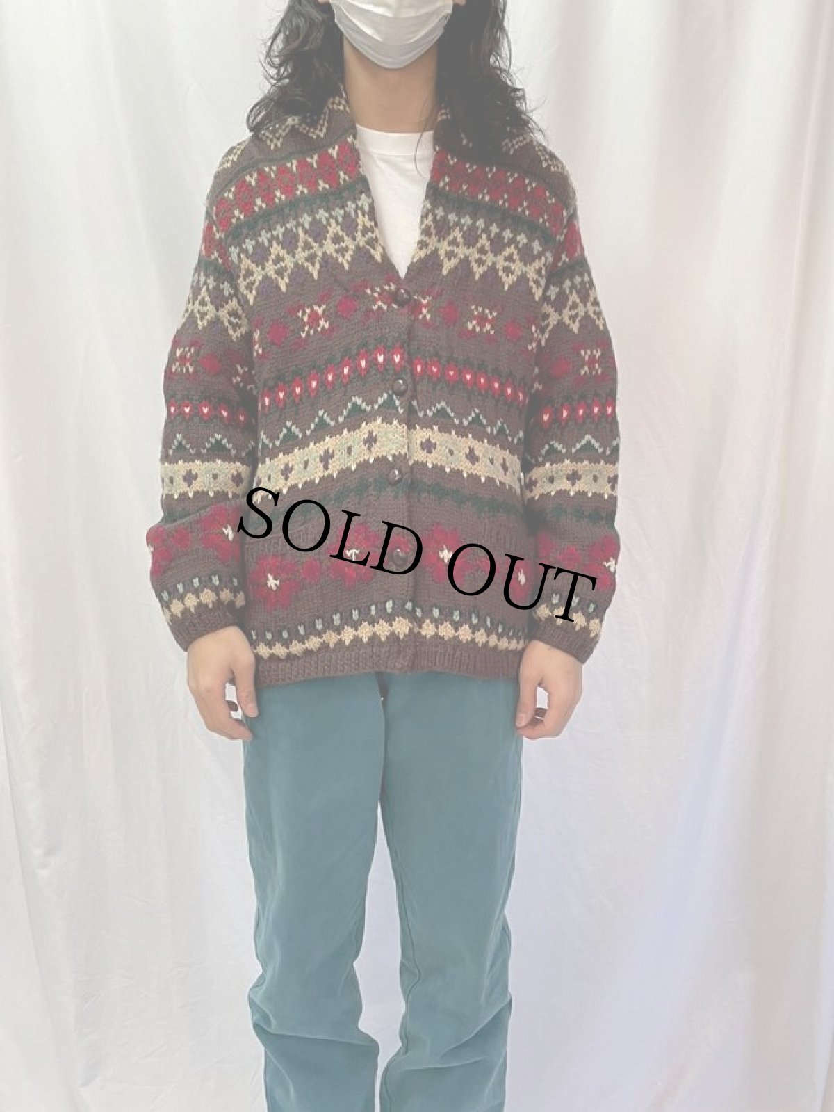 画像2: 90's LAUREN RALPH LAUREN フェアアイル柄 ショールカラー ウールニットカーディガン M (2)