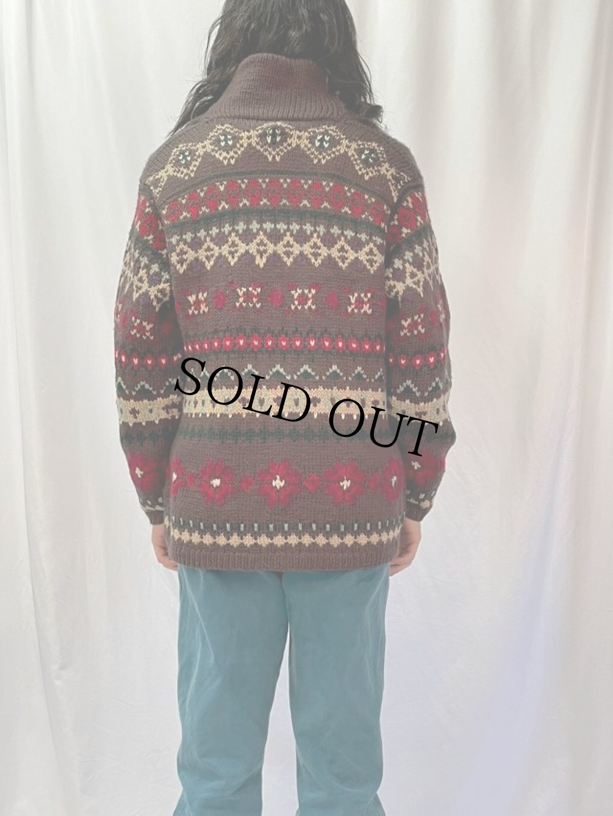 画像4: 90's LAUREN RALPH LAUREN フェアアイル柄 ショールカラー ウールニットカーディガン M (4)