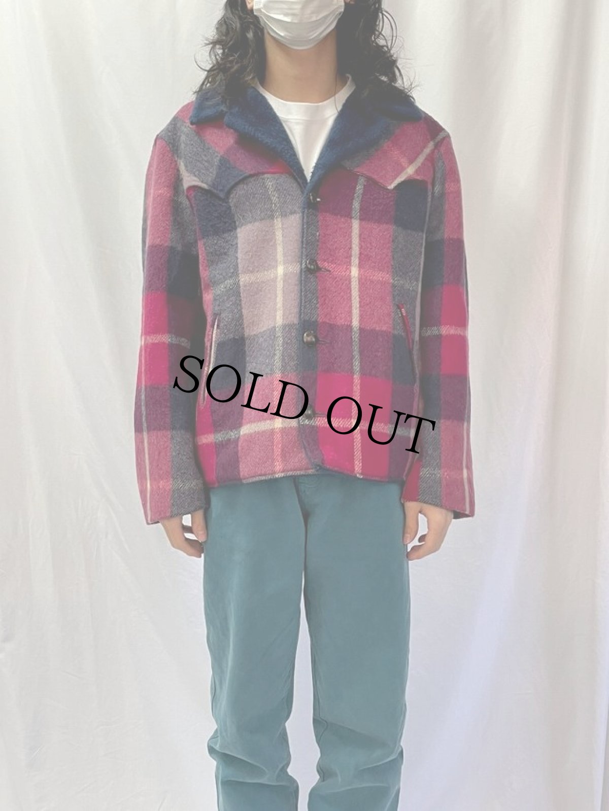 画像2: 70's チェック柄 ウールボア ウエスタンジャケット (2)