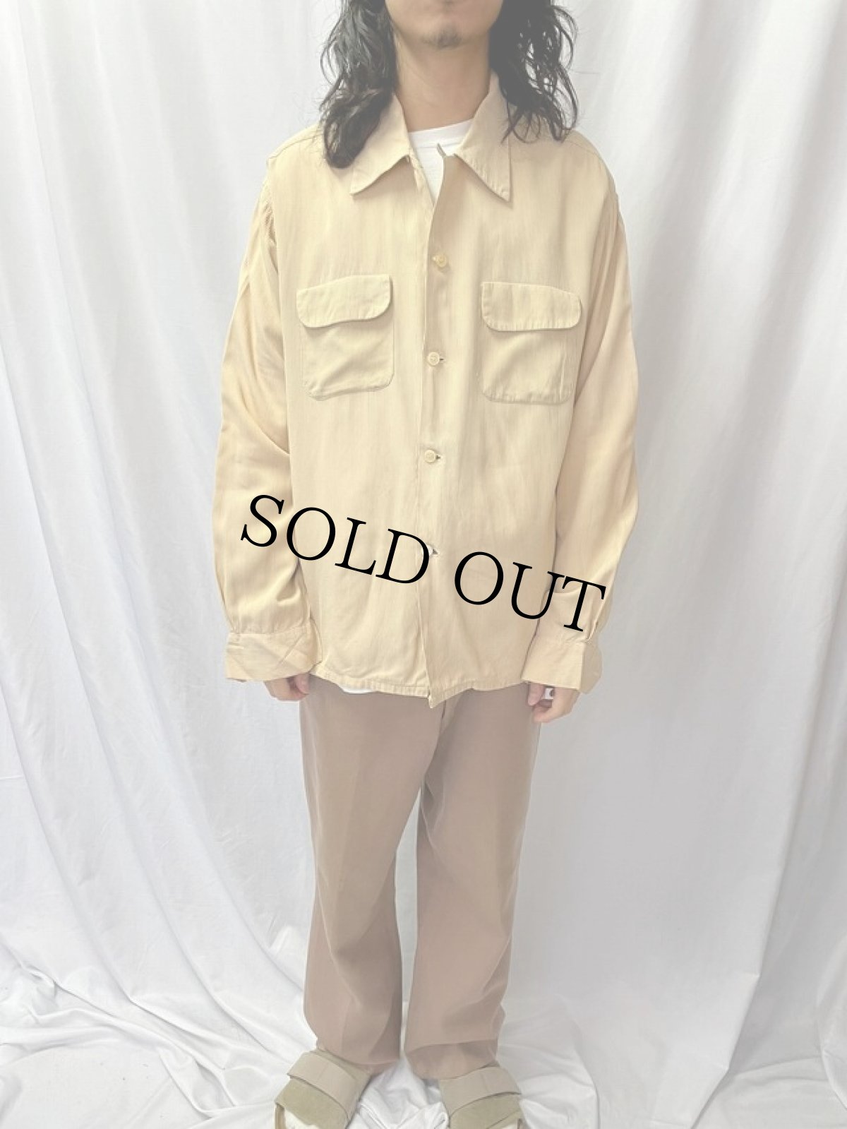 画像2: 50's Belmont ストライプ柄織り レーヨンオープンカラーシャツ XL (2)