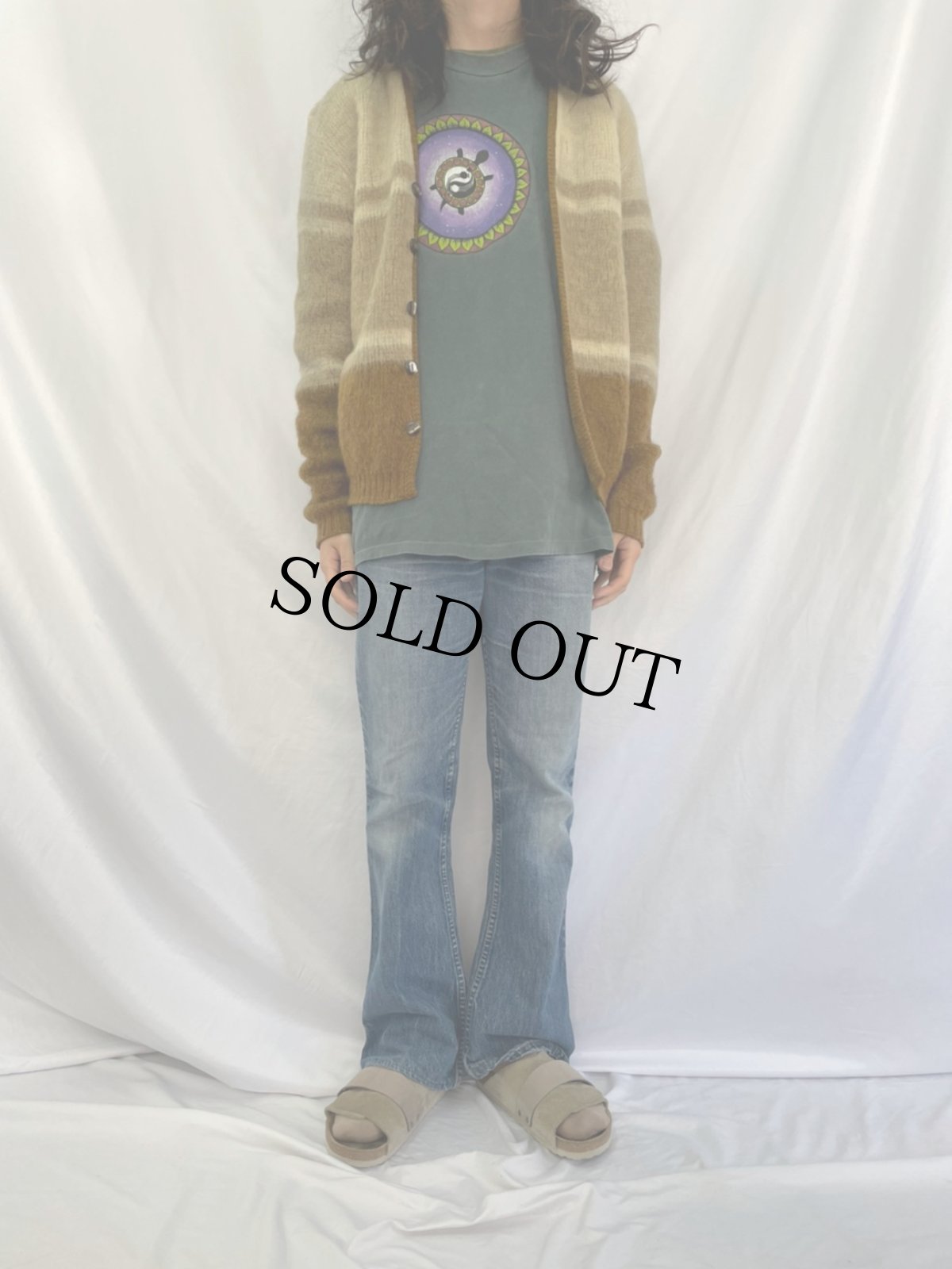 画像2: 60's Man Crest グラデーションボーダー柄 モヘアシャギーニットカーディガン M (2)