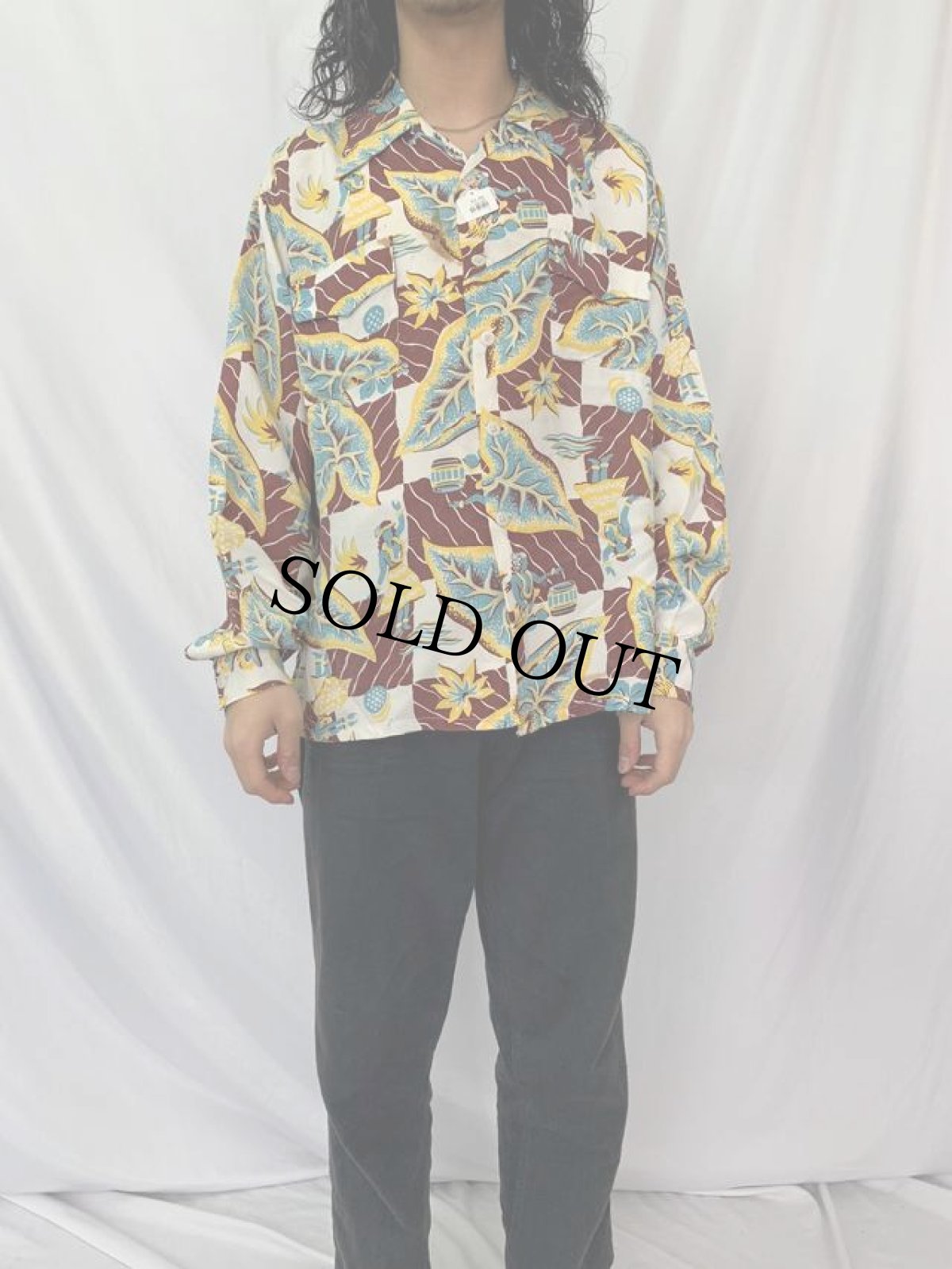 画像2: 40〜50's Ashfield by Duke of Hollywood Co レーヨン長袖アロハシャツ (2)