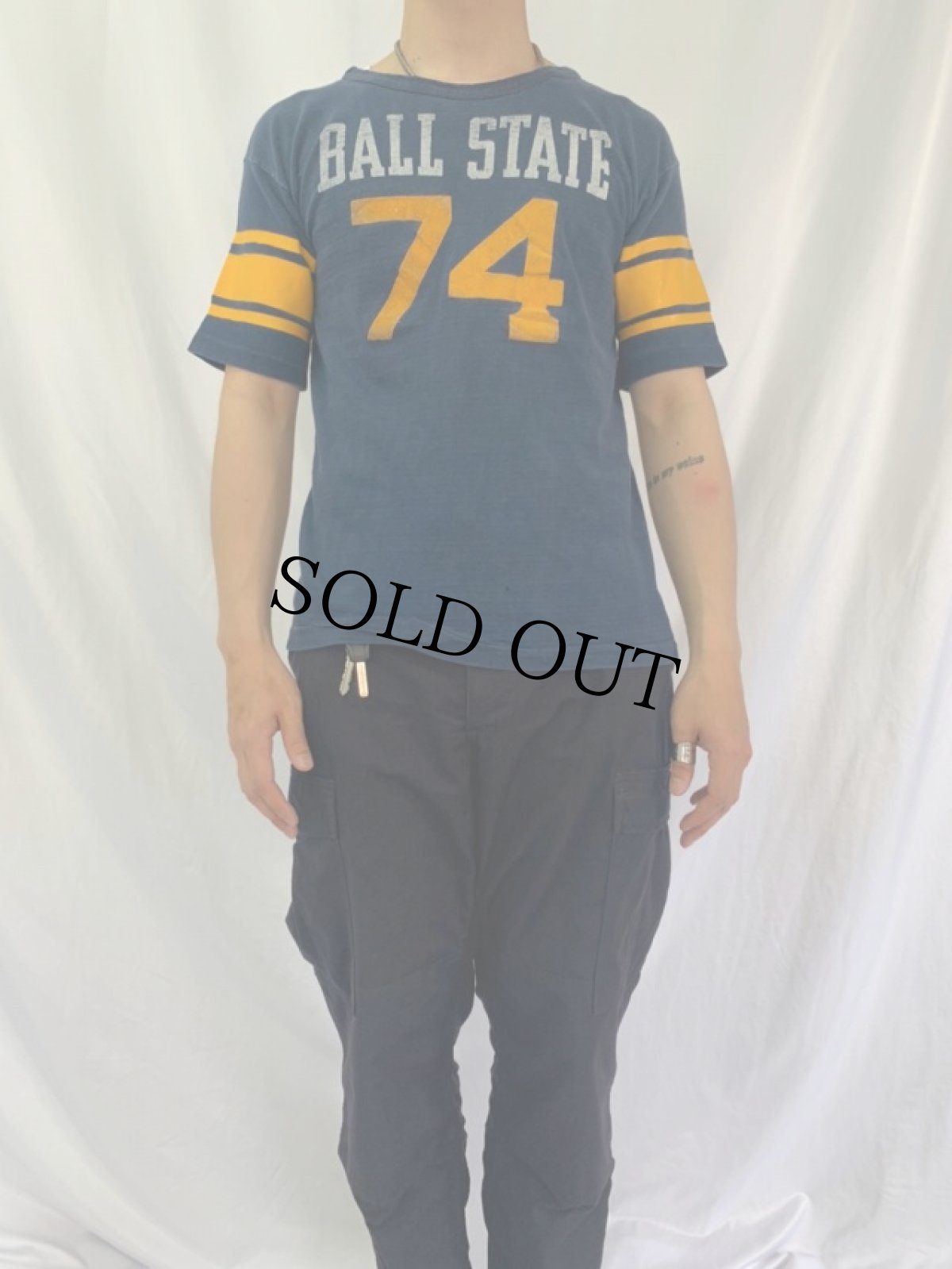 画像2: 70's Champion USA製 バータグ "BALL STATE74" フロッキープリントTシャツ LARGE (2)