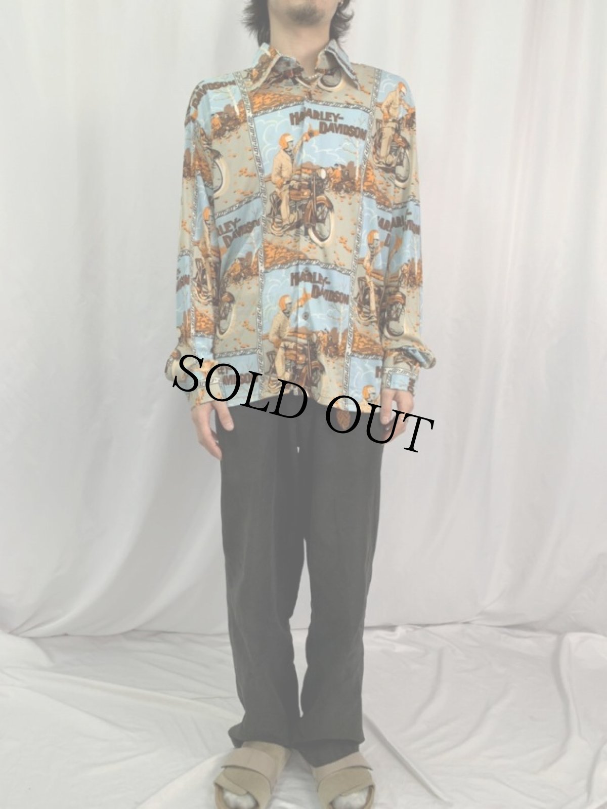 画像2: 70's  HARLEY-DAVIDSON 総柄 アセテート×ナイロンシャツ XL (2)
