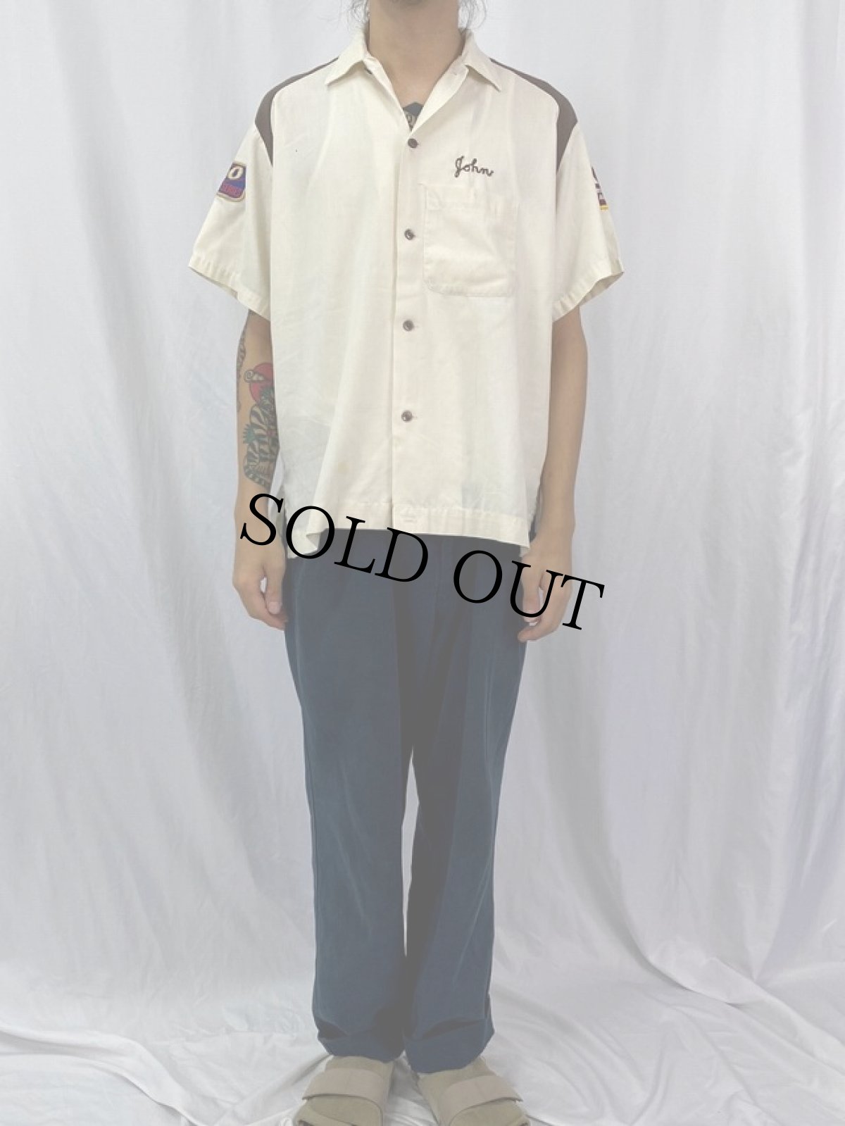 画像2: 70's Hilton USA製 チェーン刺繍×プリント ボーリングシャツ M (2)