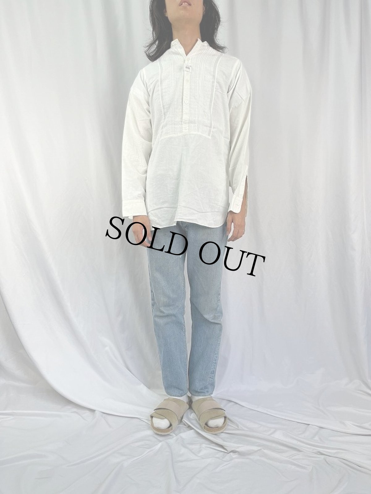 画像2: 40's "レース刺繍×ダブルカフス×デタッチャブルカラー×マチ付き" コットンドレスシャツ SIZE14 1/2-32-34 (2)