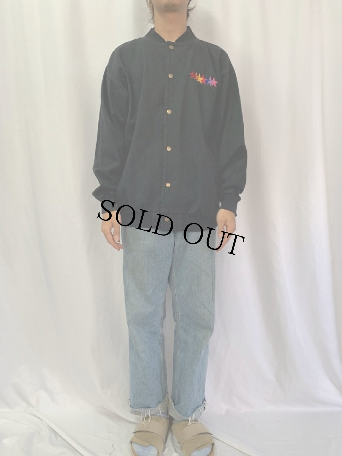 画像2: 90's CANADA製 星刺繍 コットンツイルスタジャン BLACK M (2)